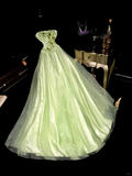 Gentle A Line Strapless Beaded Embroidery Green Organza Satin Long Prom Dress Party Dress HZ1023
