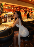 Pretty White Sheath Halter Pearl Sequin Short Homecoming Dress Birthday Dress HZ1023