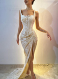 Sexy Sheath Strapless Ivory Lace Prom Dress Evening Dress with Slit HZ1023