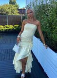 Mermaid Strapless Ruffle Light Yellow Satin Long Prom Dress Evening Dress HZ1023