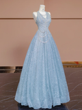 Dreamy Baby Blue A Line Halter Sequin Beaded Tulle Long Prom Dress Party Dress HZ1023