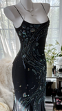 Gorgeous Mermaid Spaghetti Strap Beaded Black Chiffon Party Dress Evening Dress HZ1023