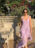 Lilac Flowy Sheath Spaghetti Strap Ruffle Chiffon Prom Dress Party Dress with Slit HZ1023