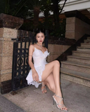 Cute A Line Spaghetti Strap White Lace Short Homecoming Dress Cocktail Dress HZ1023