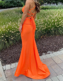 Orange Mermaid Spaghetti Straps Long Prom Dress With Cross Back HZ1023