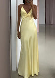 Simple A Line Spaghetti Strap Yellow Satin Open Back Prom Dress Graduation Prom Dress HZ1023