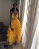 Unique Yellow Strapless Layered Tulle Long Prom Dress HZ1023
