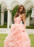 Elegant Light Pink Strapless Flower Tulle Long Ball Gown Prom Dress HZ1023