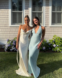 Simple Sheath Straps Ivory Satin Open Back Long Prom Dress Evening Dress HZ1023