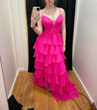 Sexy Hot Pink Layered A Line Evening Dress Chiffon Long Prom Dress HZ1023