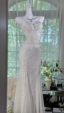 Gentle Mermaid Spaghetti Strap Beaded White Chiffon Long Prom Dress Evening Dress HZ1023
