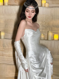 Charming A Line Sweetheart Neck Pleated White Satin Long Prom Dress Evening Dress with Slit HZ1023