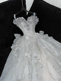 Gorgeous Ball Gown Strapless White Flower Silver Sequin Organza Prom Dress Party Dress HZ1023