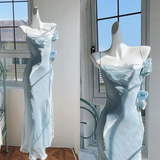 Elegant Spaghetti Strap Slim Fitting Prom Dress Rose Decoration Birthday Party Gown HZ1023