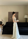 Elegant Floral A Line Spaghetti Strap White Satin Long Prom Dress Formal Dress 16th Birthday Dress HZ1023