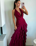 Sexy A Line Halter Tiered Burgundy Chiffon Prom Dress Evening Dress with Slit HZ1023