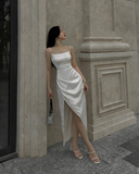 Spaghetti Straps White Satin Long Slit Prom Dress HZ1023