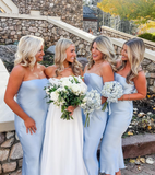 Simple Baby Blue Sheath Strapless Satin Long Bridesmaid Dress Evening Dress HZ1023