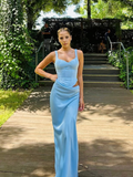 Elegant Blue Sheath Straps Corset Satin Long Prom Dress Evening Dress HZ1023
