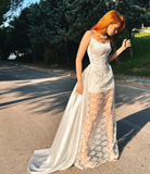 Charming A Line Strapless White Lace Satin Prom Dress Evening Dress HZ1023