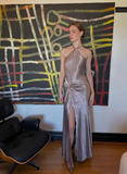 Simple A Line Halter Brown Satin Open Back Long Prom Dress Graduation Prom Dress with Slit HZ1023