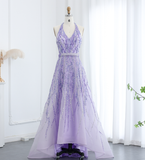 Lilac A Line V Neck Sequin Beaded Tulle Long Prom Dress Evening Dress HZ1023