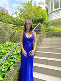V Neck Blue Satin Long Prom Dress HZ1023