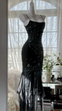 Gorgeous Mermaid Spaghetti Strap Beaded Black Chiffon Party Dress Evening Dress HZ1023