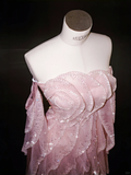 Gentle A Line Off the Shoulder Layered Rhinestone Beaded Pink Organza Long Party Dress HZ1023