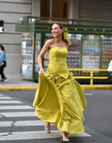 Pretty A Line Strapless Yellow Satin Prom Dress Evening Dress with Bow HZ1023
