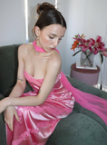 Hot Pink Sheath Strapless Lace Satin Long Prom Dress Evening Dress HZ1023