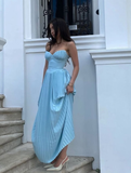 Elegant A Line Sweetheart Neck Blue Satin Long Prom Dress Evening Dress HZ1023