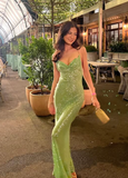 Green Sheath Spaghetti Straps Sequin Open Back Long Prom Dress Evening Dress HZ1023