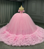 Charming Ball Gown Off-The-Shoulder Appliques Pink Tulle Sweet 16 Dress, Quinceanera Dress HZ1023
