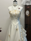 Vintage A Line Strapless Golden Appliques White Satin Long Prom Dress Party Dress HZ1023