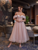Elegant A Line Off the Shoulder Light Pink Tulle Prom Dress Evening Dress HZ1023
