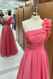 Pink One-Shoulder Chiffon Pleated Long Prom Dress Elegant Evening Dress HZ1023