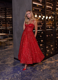 Charming A Line Spaghetti Strap Corset Red Sequin Prom Dress Evening Dress HZ1023
