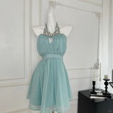 Gentle A Line Halter Rhinestone Blue Chiffon Open Back Homecoming Dress Cocktail Dress HZ1023