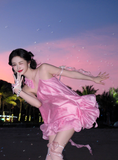 Cute Pink A Line One Shoulder Satin Short Homecoming Dress Vacation Dress HZ1023