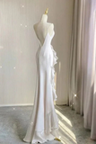 Spaghetti Straps White Mermaid Evening Dress With Ruffles Backless Prom Dress HZ1023