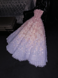Purple Pink Ombre A Line Strapless 3D Flower Tulle Long Prom Dress Graduation Prom Dress HZ1023