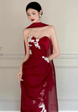 Burgundy Mermaid Sweetheart Neck White Applique Tulle Prom Dress Party Dress HZ1023