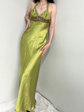 Vintage Sheath Halter Beaded Green Satin Open Back Prom Dress Graduation Prom Dress HZ1023