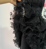 Cute A Line Spaghetti Strap Beaded Ruffle Black Tulle Short Homecoming Dress HZ1023