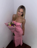 Simple Mermaid Strapless Pink Satin Long Prom Dress Evening Dress HZ1023