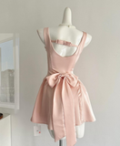 Cute A Line Straps Bow Light Pink Satin Short Homecoming Dress Cocktail Dress HZ1023