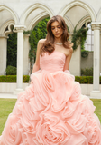 Elegant Light Pink Strapless Flower Tulle Long Ball Gown Prom Dress HZ1023