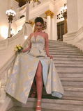 Elegant A Line Strapless Baby Blue Satin Long Prom Dress Evening Dress HZ1023
