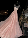 Classy A Line Round Neck Pink Tulle Satin Prom Dress Evening Dress HZ1023